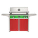 American Outdoor Grill 36" L-Series Portable Gas Grill with green accent panel and red accent panel cart base, large analog thermometer and push-button electronic ignition with backlit comfort-touch control knobs.
