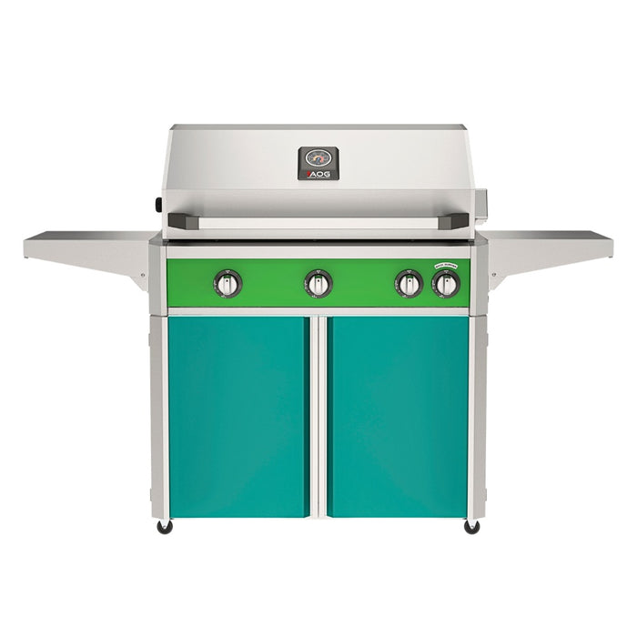 American Outdoor Grill 36" L-Series Portable Gas Grill with green accent panel and teal accent panel cart base, large analog thermometer and push-button electronic ignition with backlit comfort-touch control knobs.
