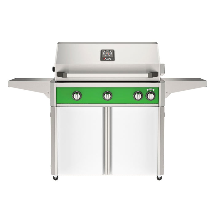 American Outdoor Grill 36" L-Series Portable Gas Grill with green accent panel and white accent panel cart base, large analog thermometer and push-button electronic ignition with backlit comfort-touch control knobs.

