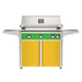 American Outdoor Grill 36" L-Series Portable Gas Grill with green accent panel and yellow accent panel cart base, large analog thermometer and push-button electronic ignition with backlit comfort-touch control knobs.
