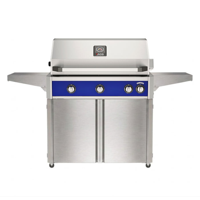 American Outdoor Grill 36" L-Series Portable Gas Grill in blue accent panel and cart base.
