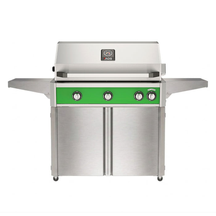 American Outdoor Grill 36" L-Series Portable Gas Grill in green accent panel and cart base.
