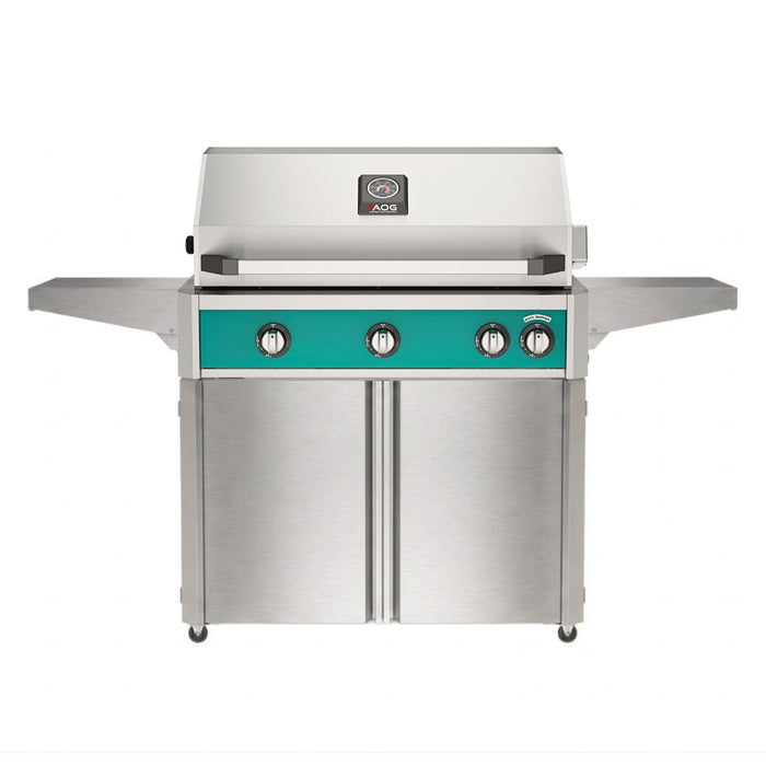 American Outdoor Grill 36" L-Series Portable Gas Grill in teal accent panel and cart base.
