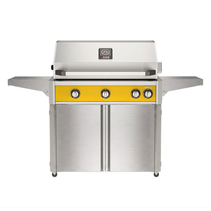 American Outdoor Grill 36" L-Series Portable Gas Grill in yellow accent panel and cart base.

