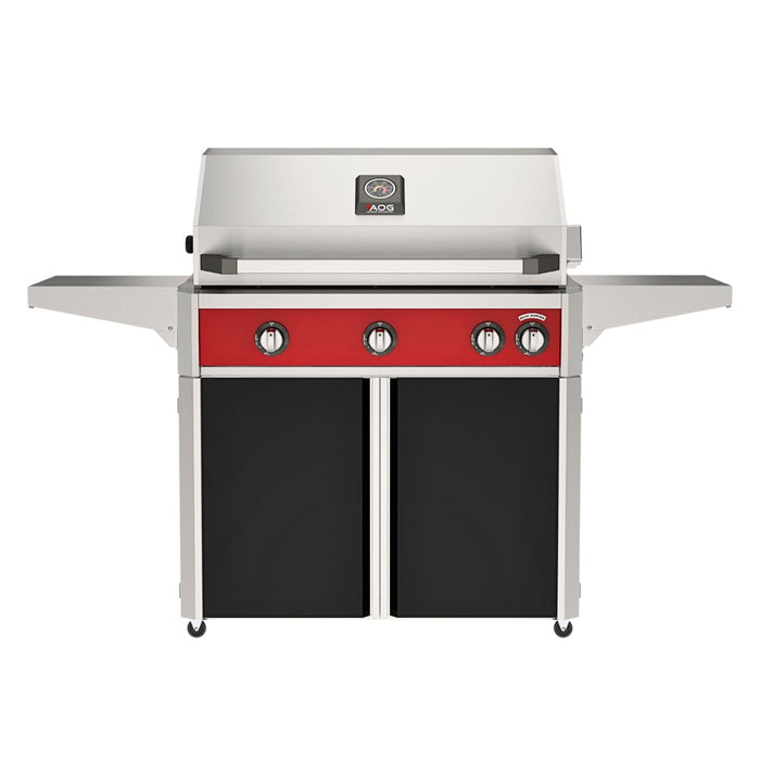 American Outdoor Grill 36" L-Series Portable Gas Grill with red accent panel and black accent panel cart base, large analog thermometer and push-button electronic ignition with backlit comfort-touch control knobs.
