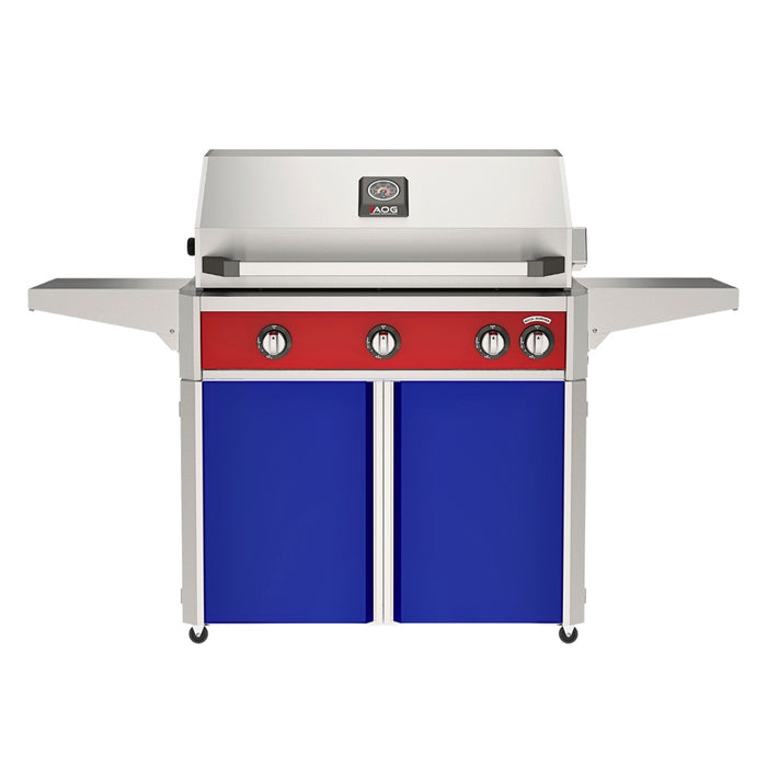 American Outdoor Grill 36" L-Series Portable Gas Grill with red accent panel and blue accent panel cart base, large analog thermometer and push-button electronic ignition with backlit comfort-touch control knobs.
