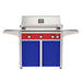 American Outdoor Grill 36" L-Series Portable Gas Grill with red accent panel and blue accent panel cart base, large analog thermometer and push-button electronic ignition with backlit comfort-touch control knobs.
