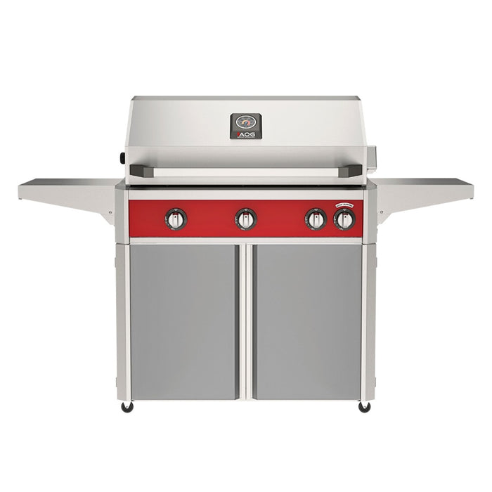 American Outdoor Grill 36" L-Series Portable Gas Grill with red accent panel and gray accent panel cart base, large analog thermometer and push-button electronic ignition with backlit comfort-touch control knobs.

