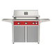American Outdoor Grill 36" L-Series Portable Gas Grill with red accent panel and gray accent panel cart base, large analog thermometer and push-button electronic ignition with backlit comfort-touch control knobs.
