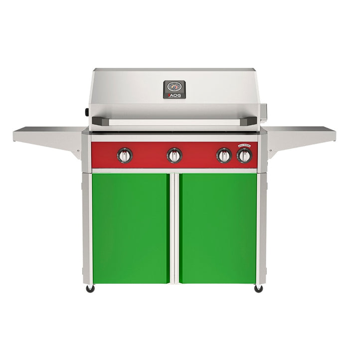 American Outdoor Grill 36" L-Series Portable Gas Grill with red accent panel and green accent panel cart base, large analog thermometer and push-button electronic ignition with backlit comfort-touch control knobs.
