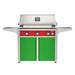 American Outdoor Grill 36" L-Series Portable Gas Grill with red accent panel and green accent panel cart base, large analog thermometer and push-button electronic ignition with backlit comfort-touch control knobs.
