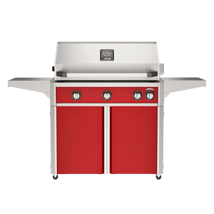 American Outdoor Grill 36" L-Series Portable Gas Grill with red accent panel and red accent panel cart base, large analog thermometer and push-button electronic ignition with backlit comfort-touch control knobs.
