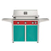 American Outdoor Grill 36" L-Series Portable Gas Grill with red accent panel and teal accent panel cart base, large analog thermometer and push-button electronic ignition with backlit comfort-touch control knobs.
