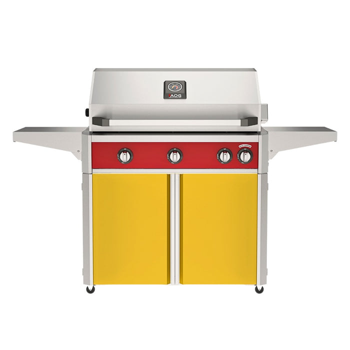 American Outdoor Grill 36" L-Series Portable Gas Grill with red accent panel and yellow accent panel cart base, large analog thermometer and push-button electronic ignition with backlit comfort-touch control knobs.
