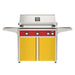 American Outdoor Grill 36" L-Series Portable Gas Grill with red accent panel and yellow accent panel cart base, large analog thermometer and push-button electronic ignition with backlit comfort-touch control knobs.
