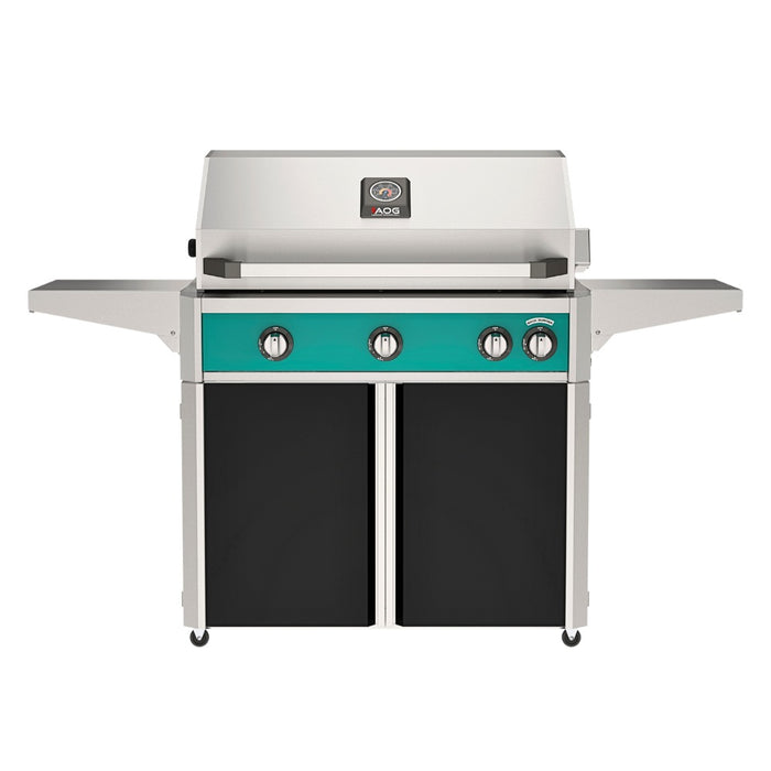 American Outdoor Grill 36" L-Series Portable Gas Grill with teal accent panel and black accent panel cart base, large analog thermometer and push-button electronic ignition with backlit comfort-touch control knobs.
