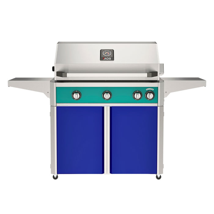 American Outdoor Grill 36" L-Series Portable Gas Grill with teal accent panel and blue accent panel cart base, large analog thermometer and push-button electronic ignition with backlit comfort-touch control knobs.
