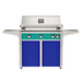 American Outdoor Grill 36" L-Series Portable Gas Grill with teal accent panel and blue accent panel cart base, large analog thermometer and push-button electronic ignition with backlit comfort-touch control knobs.
