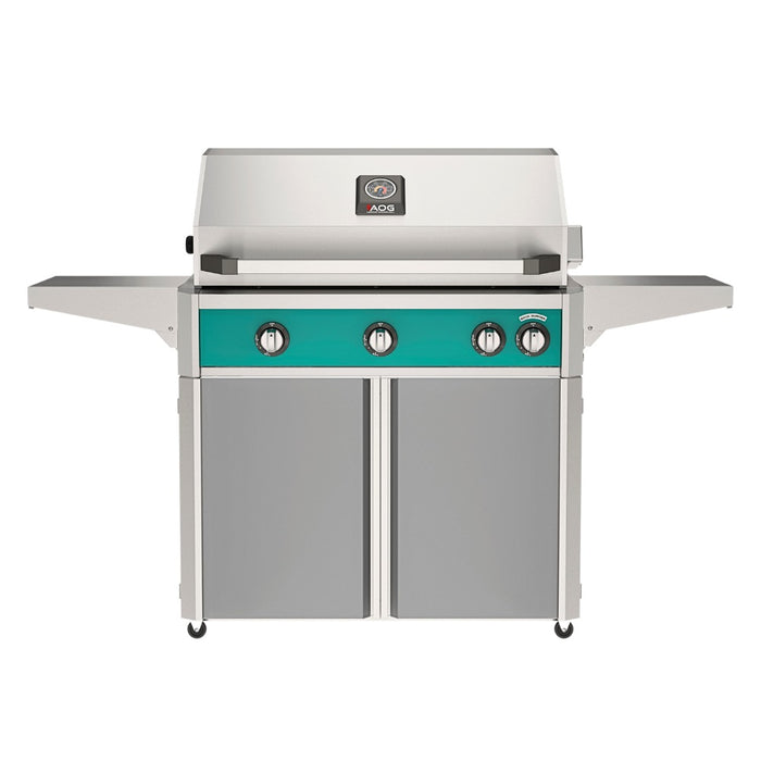 American Outdoor Grill 36" L-Series Portable Gas Grill with teal accent panel and gray accent panel cart base, large analog thermometer and push-button electronic ignition with backlit comfort-touch control knobs.
