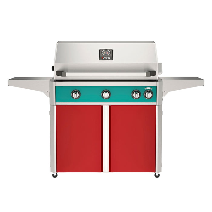 American Outdoor Grill 36" L-Series Portable Gas Grill with teal accent panel and red accent panel cart base, large analog thermometer and push-button electronic ignition with backlit comfort-touch control knobs.
