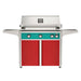 American Outdoor Grill 36" L-Series Portable Gas Grill with teal accent panel and red accent panel cart base, large analog thermometer and push-button electronic ignition with backlit comfort-touch control knobs.
