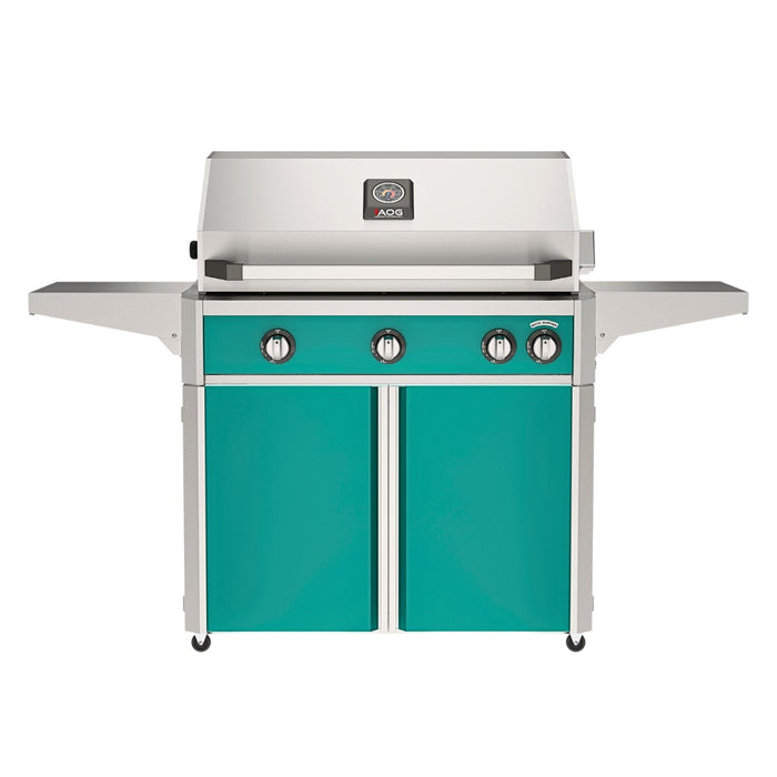 American Outdoor Grill 36" L-Series Portable Gas Grill with teal accent panel and teal accent panel cart base, large analog thermometer and push-button electronic ignition with backlit comfort-touch control knobs.
