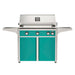 American Outdoor Grill 36" L-Series Portable Gas Grill with teal accent panel and teal accent panel cart base, large analog thermometer and push-button electronic ignition with backlit comfort-touch control knobs.
