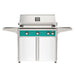 American Outdoor Grill 36" L-Series Portable Gas Grill with teal accent panel and white accent panel cart base, large analog thermometer and push-button electronic ignition with backlit comfort-touch control knobs.
