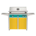 American Outdoor Grill 36" L-Series Portable Gas Grill with teal accent panel and yellow accent panel cart base, large analog thermometer and push-button electronic ignition with backlit comfort-touch control knobs.

