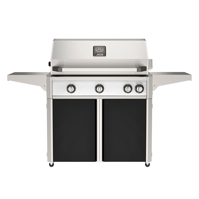 American Outdoor Grill 36" L-Series Portable Gas Grill with white accent panel and black accent panel cart base, large analog thermometer and push-button electronic ignition with backlit comfort-touch control knobs.

