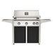 American Outdoor Grill 36" L-Series Portable Gas Grill with white accent panel and black accent panel cart base, large analog thermometer and push-button electronic ignition with backlit comfort-touch control knobs.
