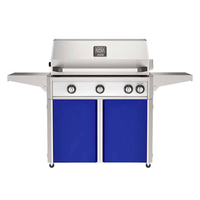 American Outdoor Grill 36" L-Series Portable Gas Grill with white accent panel and blue accent panel cart base, large analog thermometer and push-button electronic ignition with backlit comfort-touch control knobs.
