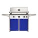 American Outdoor Grill 36" L-Series Portable Gas Grill with white accent panel and blue accent panel cart base, large analog thermometer and push-button electronic ignition with backlit comfort-touch control knobs.

