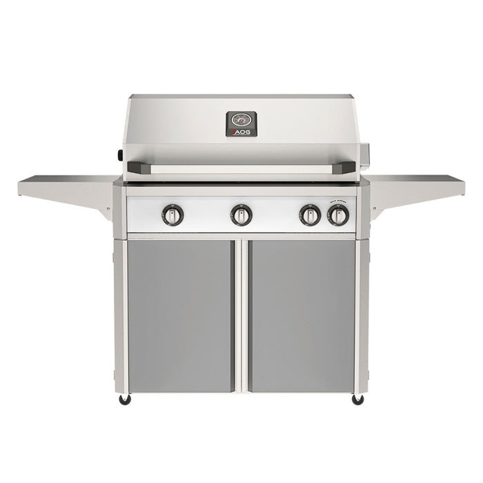 American Outdoor Grill 36" L-Series Portable Gas Grill with white accent panel and gray accent panel cart base, large analog thermometer and push-button electronic ignition with backlit comfort-touch control knobs.
