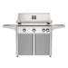 American Outdoor Grill 36" L-Series Portable Gas Grill with white accent panel and gray accent panel cart base, large analog thermometer and push-button electronic ignition with backlit comfort-touch control knobs.
