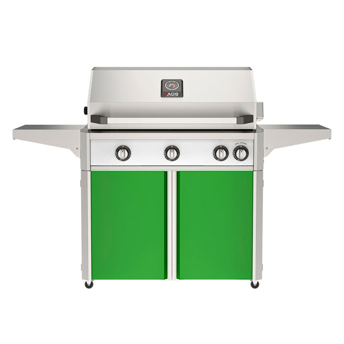 American Outdoor Grill 36" L-Series Portable Gas Grill with white accent panel and green accent panel cart base, large analog thermometer and push-button electronic ignition with backlit comfort-touch control knobs.
