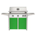 American Outdoor Grill 36" L-Series Portable Gas Grill with white accent panel and green accent panel cart base, large analog thermometer and push-button electronic ignition with backlit comfort-touch control knobs.
