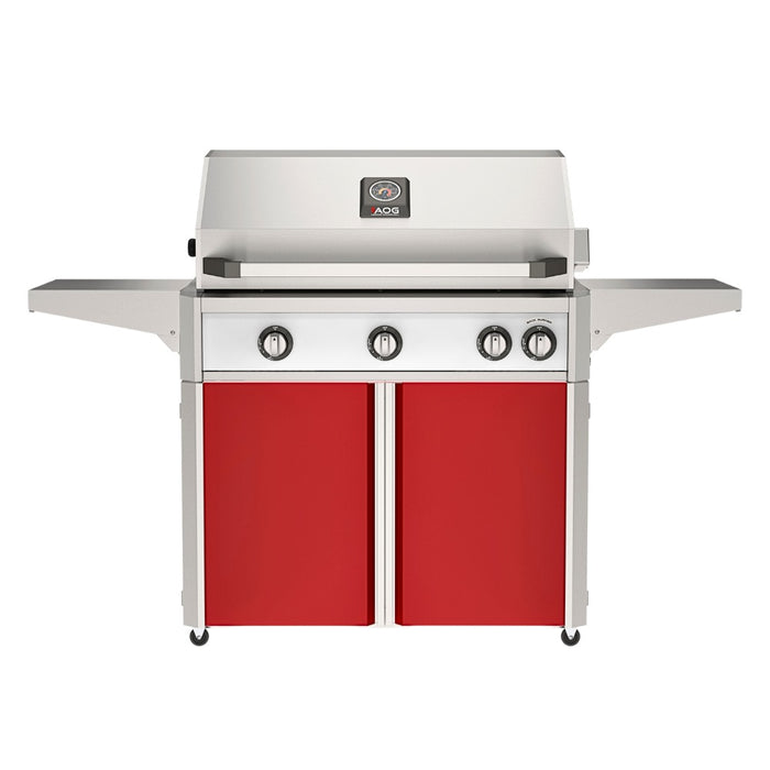 American Outdoor Grill 36" L-Series Portable Gas Grill with white accent panel and red accent panel cart base, large analog thermometer and push-button electronic ignition with backlit comfort-touch control knobs.
