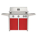 American Outdoor Grill 36" L-Series Portable Gas Grill with white accent panel and red accent panel cart base, large analog thermometer and push-button electronic ignition with backlit comfort-touch control knobs.
