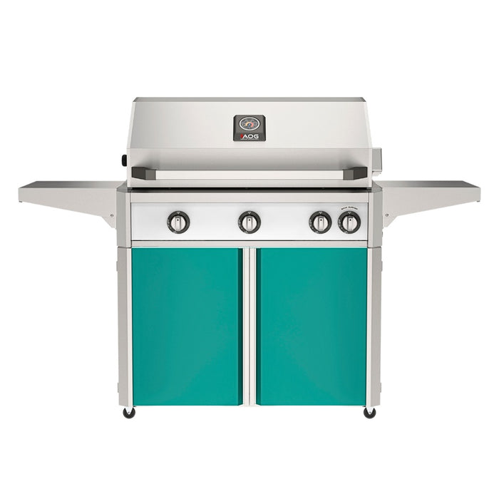 American Outdoor Grill 36" L-Series Portable Gas Grill with white accent panel and teal accent panel cart base, large analog thermometer and push-button electronic ignition with backlit comfort-touch control knobs.
