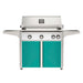 American Outdoor Grill 36" L-Series Portable Gas Grill with white accent panel and teal accent panel cart base, large analog thermometer and push-button electronic ignition with backlit comfort-touch control knobs.
