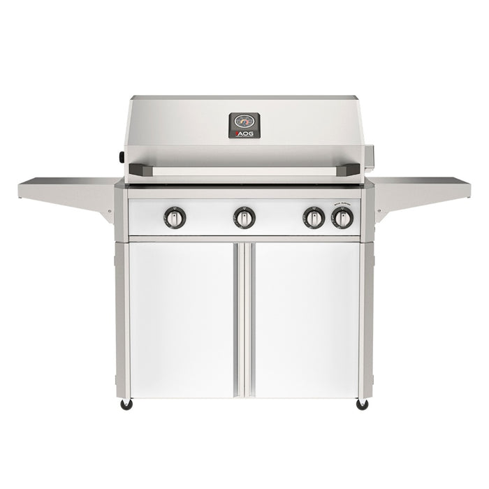 American Outdoor Grill 36" L-Series Portable Gas Grill with white accent panel and white accent panel cart base, large analog thermometer and push-button electronic ignition with backlit comfort-touch control knobs.
