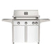 American Outdoor Grill 36" L-Series Portable Gas Grill with white accent panel and white accent panel cart base, large analog thermometer and push-button electronic ignition with backlit comfort-touch control knobs.
