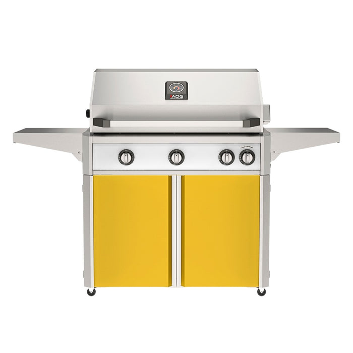 American Outdoor Grill 36" L-Series Portable Gas Grill with white accent panel and yellow accent panel cart base, large analog thermometer and push-button electronic ignition with backlit comfort-touch control knobs.
