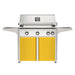American Outdoor Grill 36" L-Series Portable Gas Grill with white accent panel and yellow accent panel cart base, large analog thermometer and push-button electronic ignition with backlit comfort-touch control knobs.
