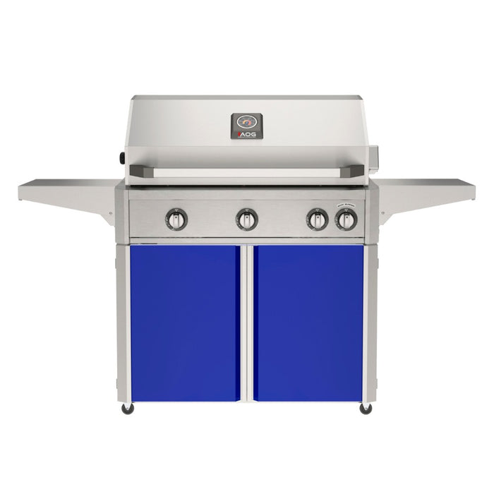 American Outdoor Grill 36" L-Series Portable Gas Grill with blue cart accent panel.
