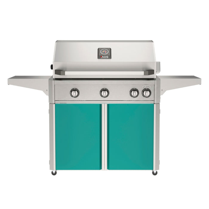American Outdoor Grill 36" L-Series Portable Gas Grill with teal cart accent panel.
