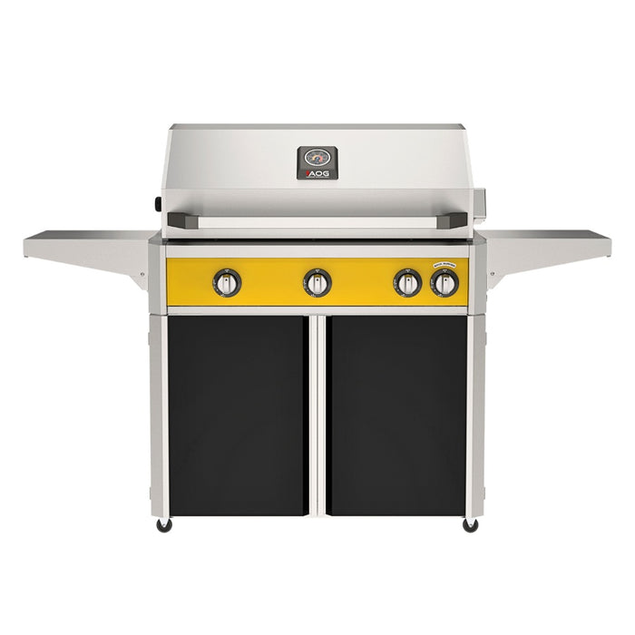 American Outdoor Grill 36" L-Series Portable Gas Grill with yellow accent panel and black accent panel cart base, large analog thermometer and push-button electronic ignition with backlit comfort-touch control knobs.
