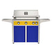 American Outdoor Grill 36" L-Series Portable Gas Grill with yellow accent panel and blue accent panel cart base, large analog thermometer and push-button electronic ignition with backlit comfort-touch control knobs.
