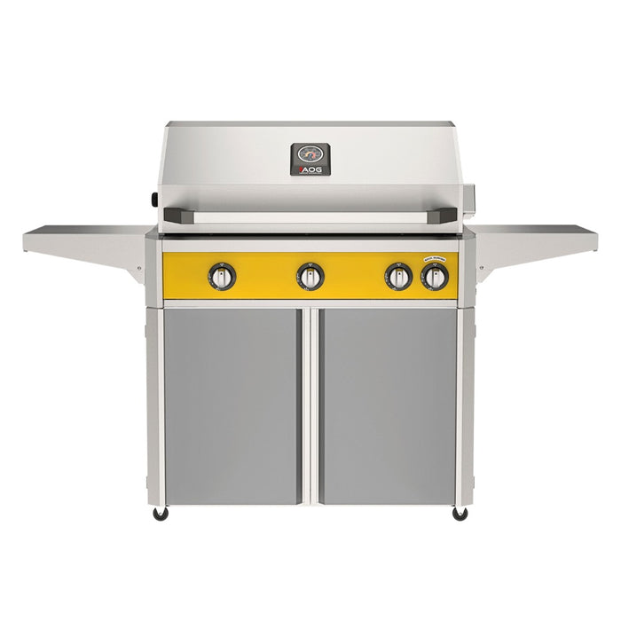 American Outdoor Grill 36" L-Series Portable Gas Grill with yellow accent panel and gray accent panel cart base, large analog thermometer and push-button electronic ignition with backlit comfort-touch control knobs.
